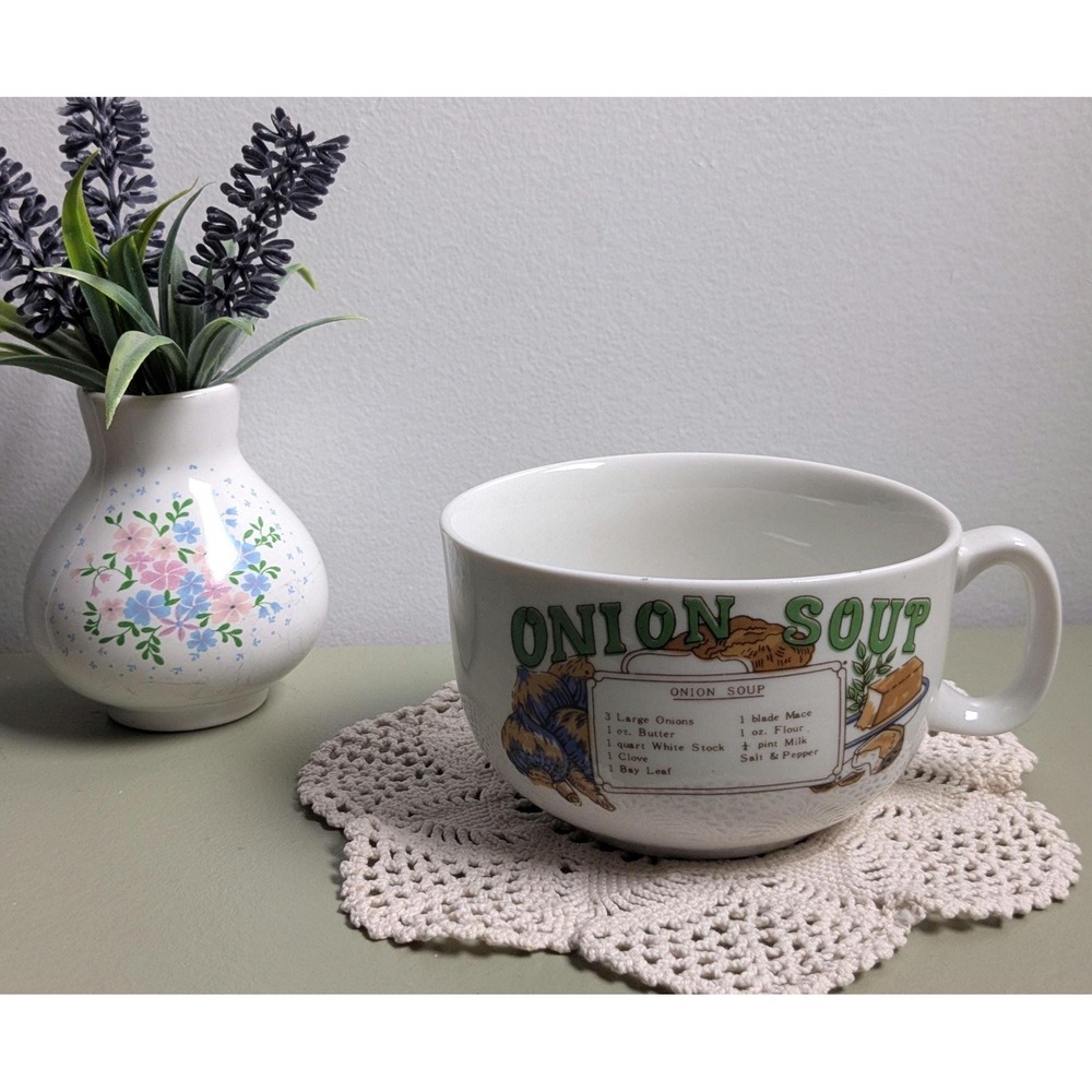 Vintage Onion Soup Recipe Mug Bowl Oversized Ceramic Soup Cup 1980s